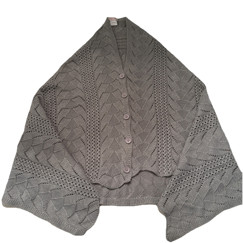 Top It Off Poncho Topper One‎ Size Gray Silver Lightweight Knit Button Sweater